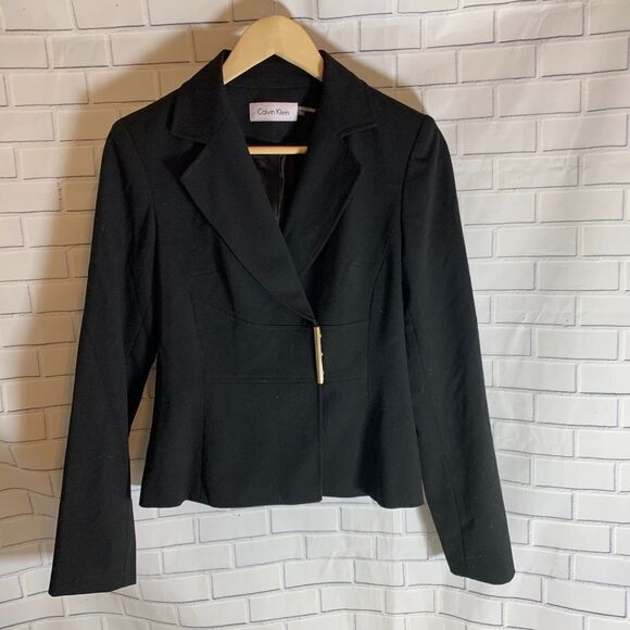 Calvin Klein Black Bar Snap Closure Blazer Sz 2 - Picture 1 of 6